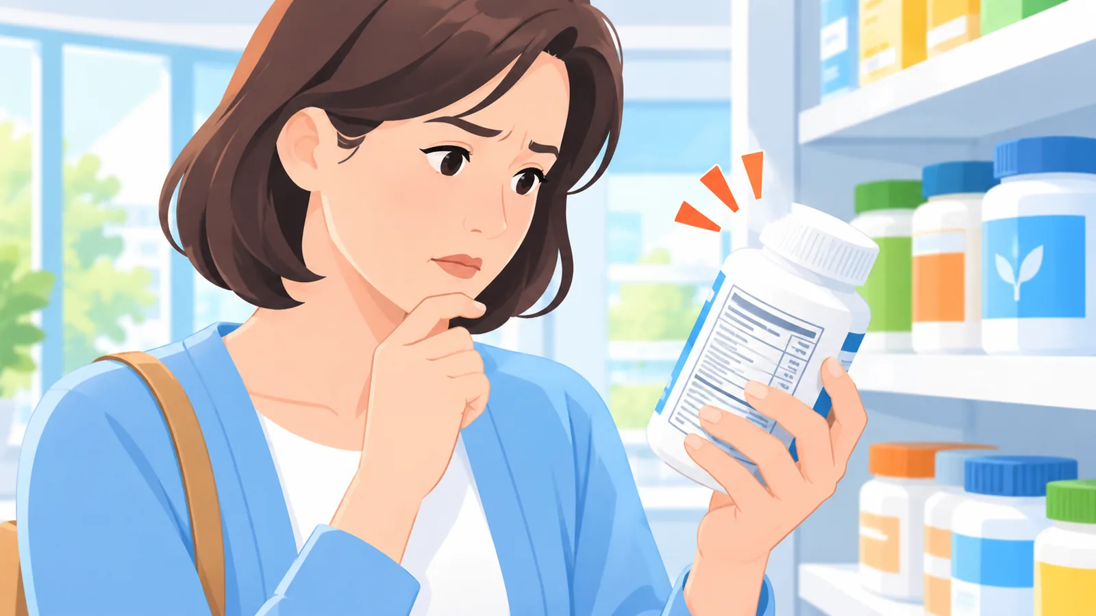 약국 진열대 앞에서 영양제 뒷면 라벨을 읽는 40대 여성