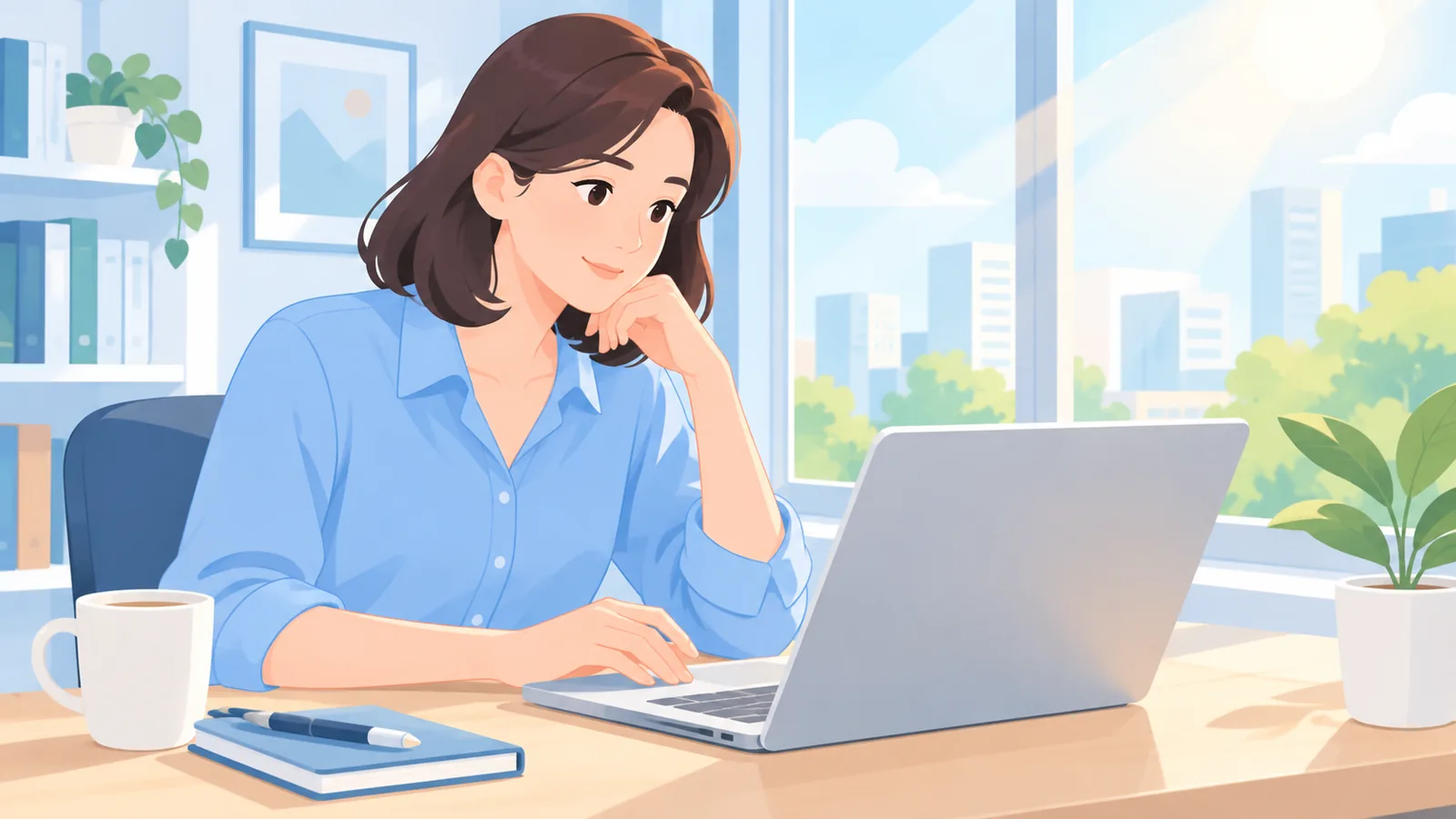 창가 책상에서 일하는 직장인과 부드러운 햇빛