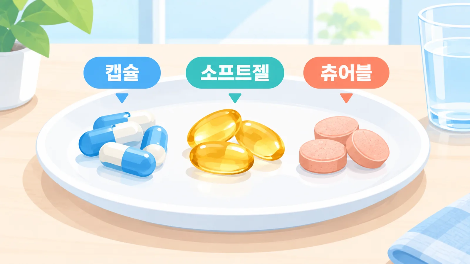캡슐과 소프트젤과 츄어블 형태의 영양제 비교