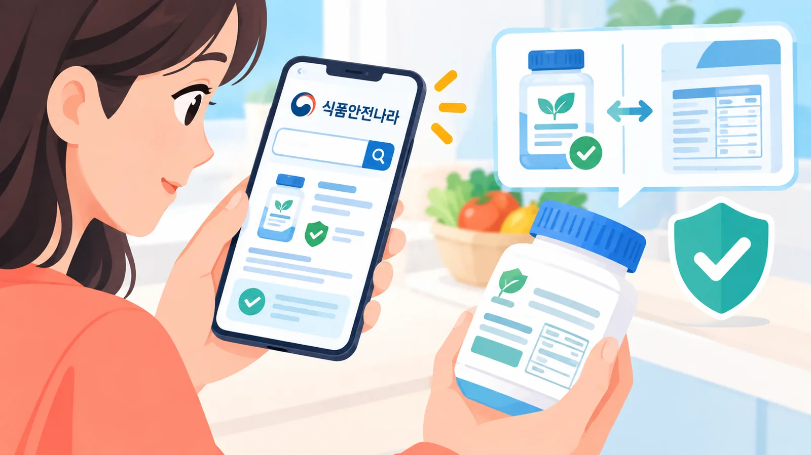 스마트폰으로 제품 신고 정보를 조회하며 라벨과 비교하는 모습