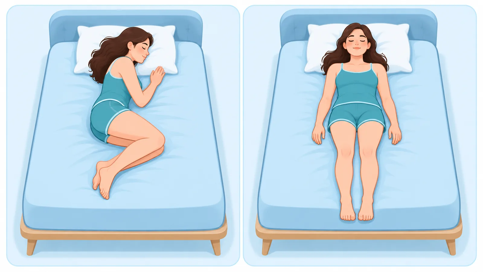 옆으로 누운 자세와 바로 누운 자세를 비교한 침대 위 장면