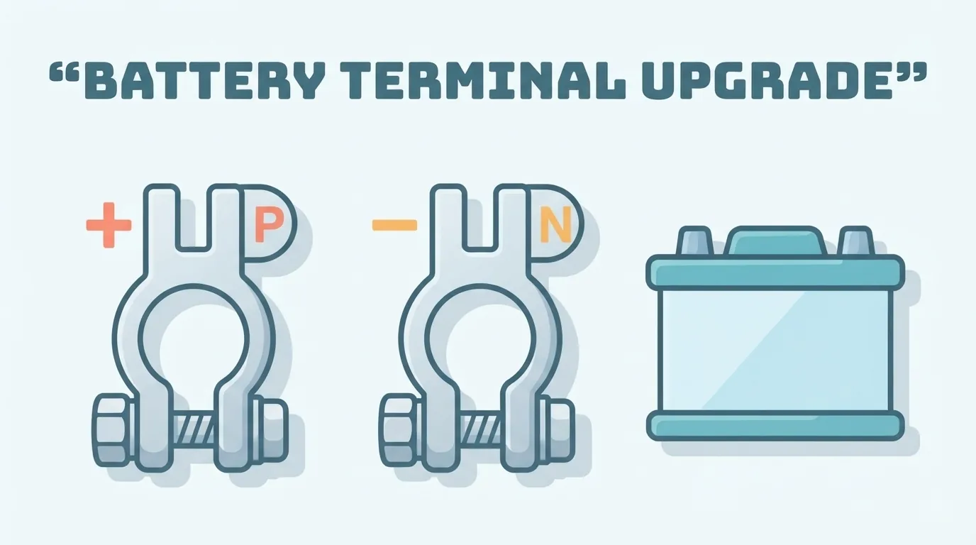 Dua terminal bateri baharu bertanda positif dan negatif