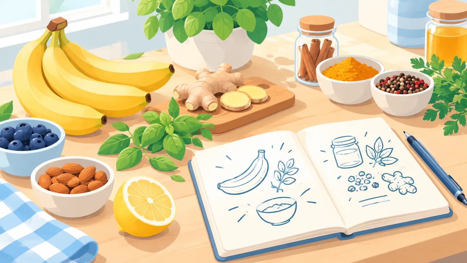 Bahan musim dan buku nota ilham resipi di atas kaunter dapur
