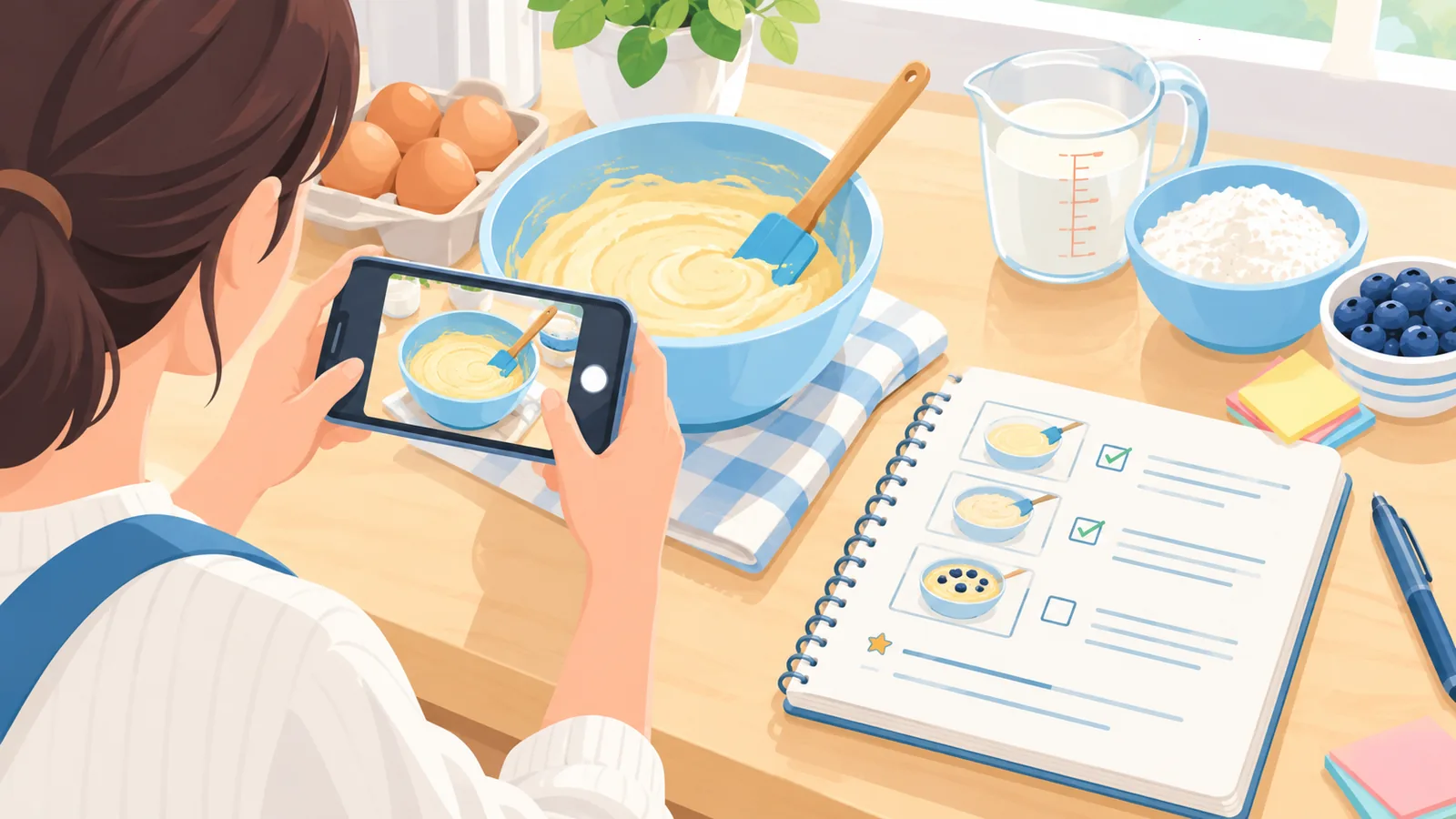 Tukang masak mengambil gambar adunan dan mencatat log percubaan