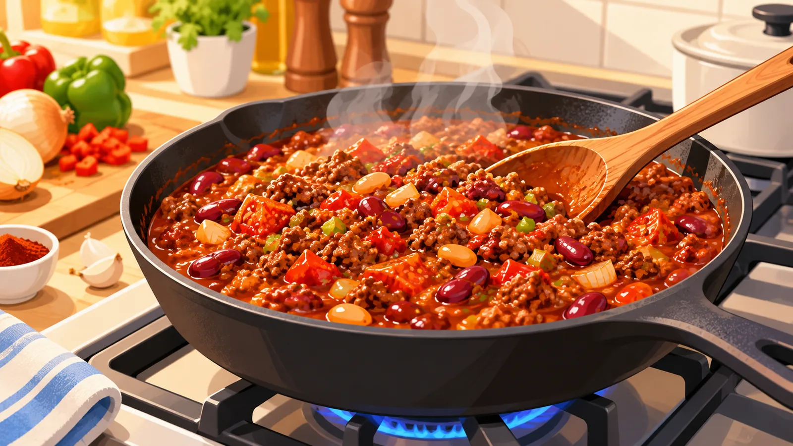 Cili daging dalam kuali besi
