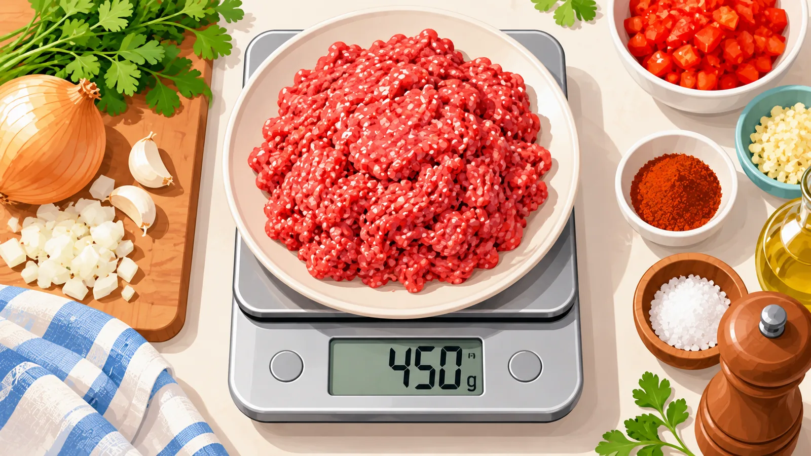 Timbangan dapur dengan 450 g daging kisar