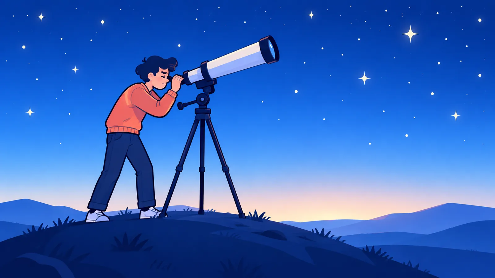 Pelajar memerhati langit malam menggunakan teleskop di atas bukit