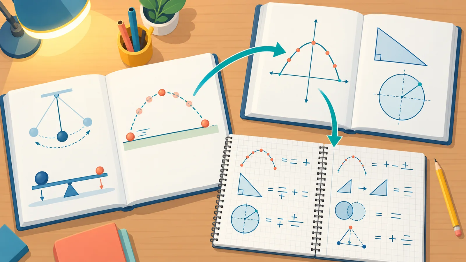 Buku teks fizik dan matematik di atas meja bersama buku nota persamaan