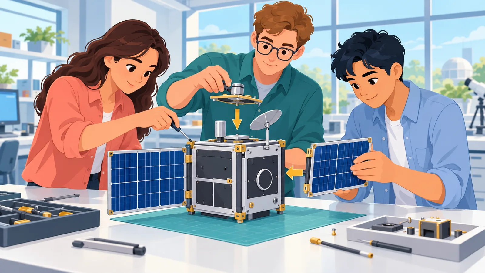 Pelajar kejuruteraan memasang model satelit kecil di makmal