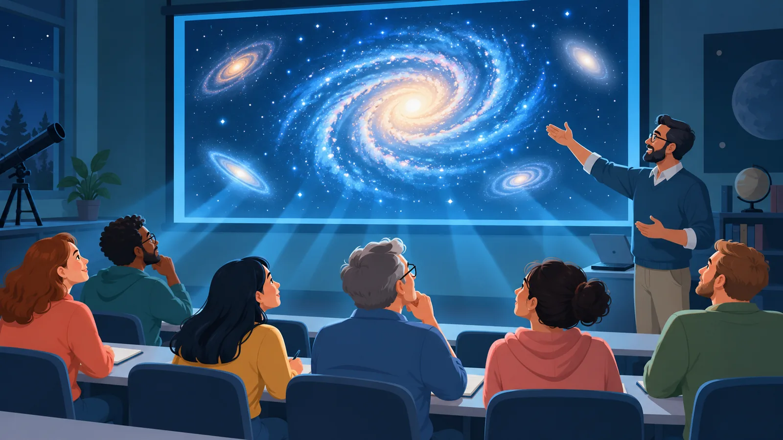 Pelajar astronomi melihat imej galaksi pada skrin besar