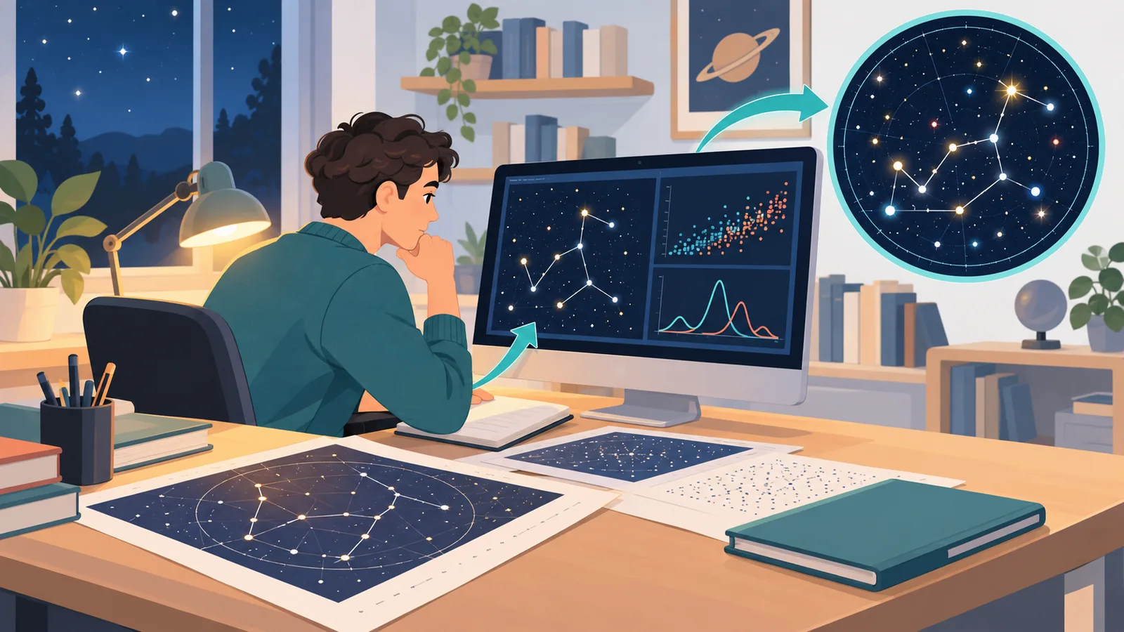 Penyelidik bekerja dengan carta bintang dan data astronomi di meja