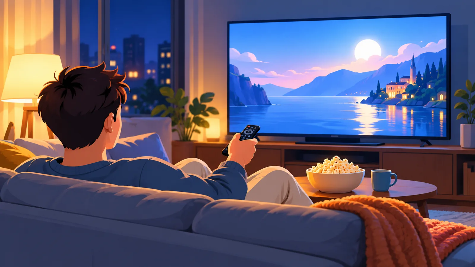 Seseorang duduk di sofa ruang tamu sambil memilih filem untuk ditonton