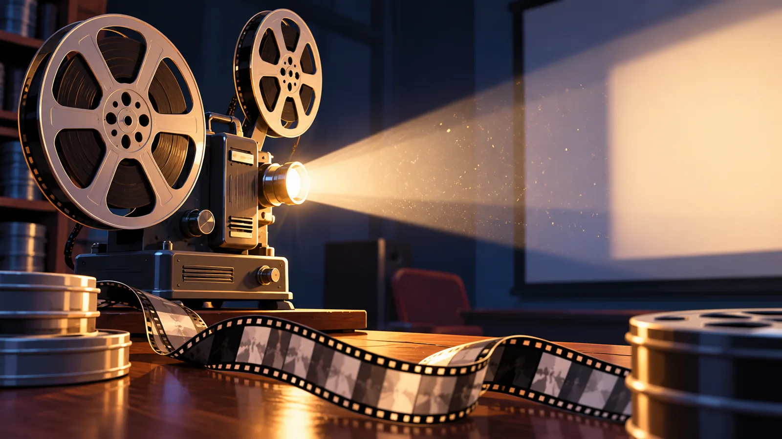 Projektor lama menyinari bilik gelap dengan jalur filem hitam putih