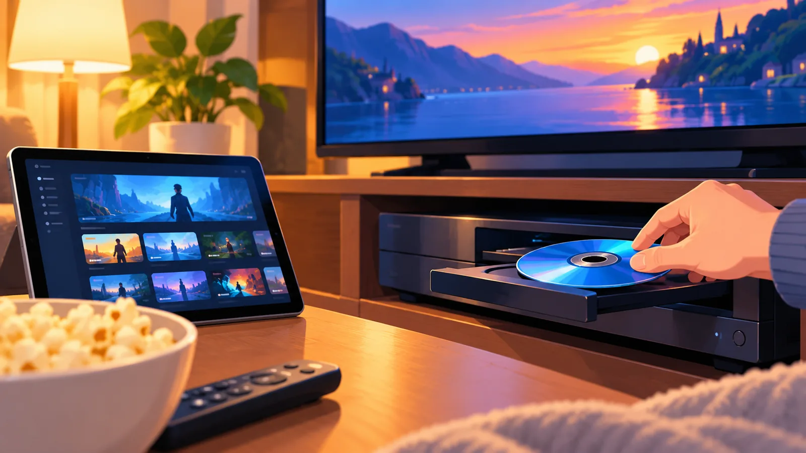 Tangan memasukkan cakera Blu-ray ke dalam pemain cakera