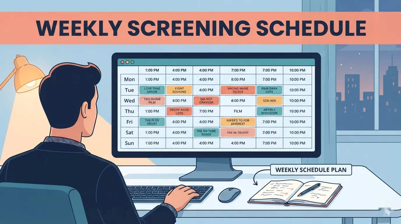 Pengurus pawagam menyusun jadual tayangan filem pada skrin komputer