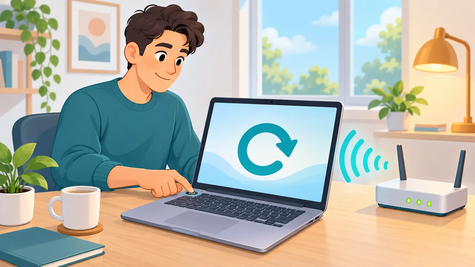 Memulakan semula komputer riba dengan penghala Wi-Fi di latar belakang