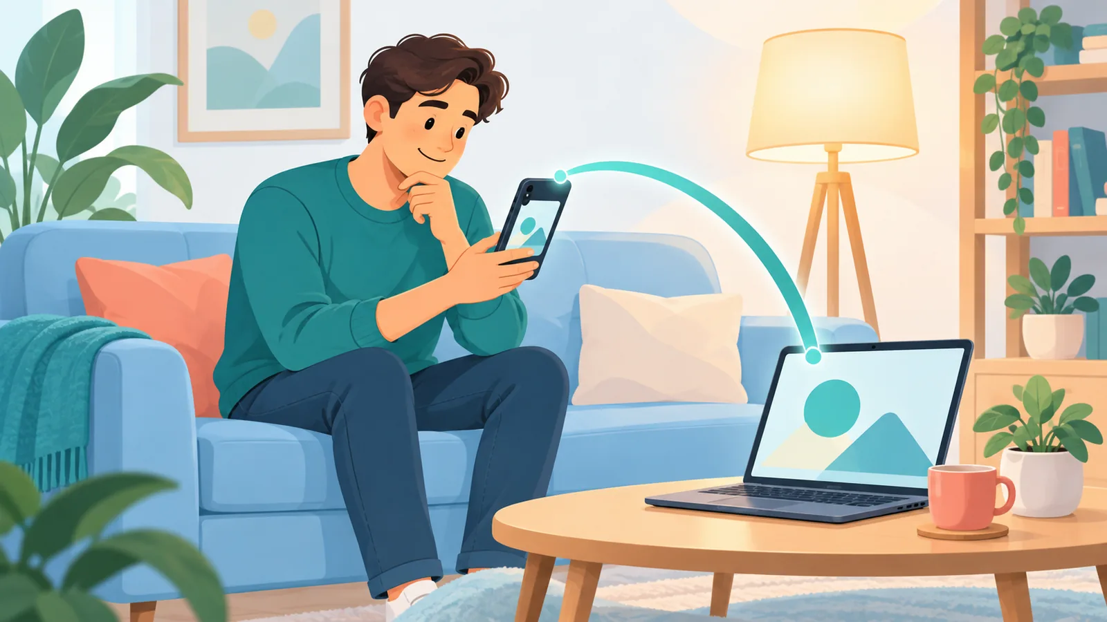 Seorang pengguna di sofa mencari jawapan pada telefon pintar