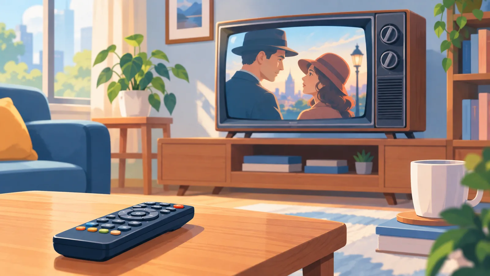 Televisyen di ruang tamu menayangkan sebuah filem