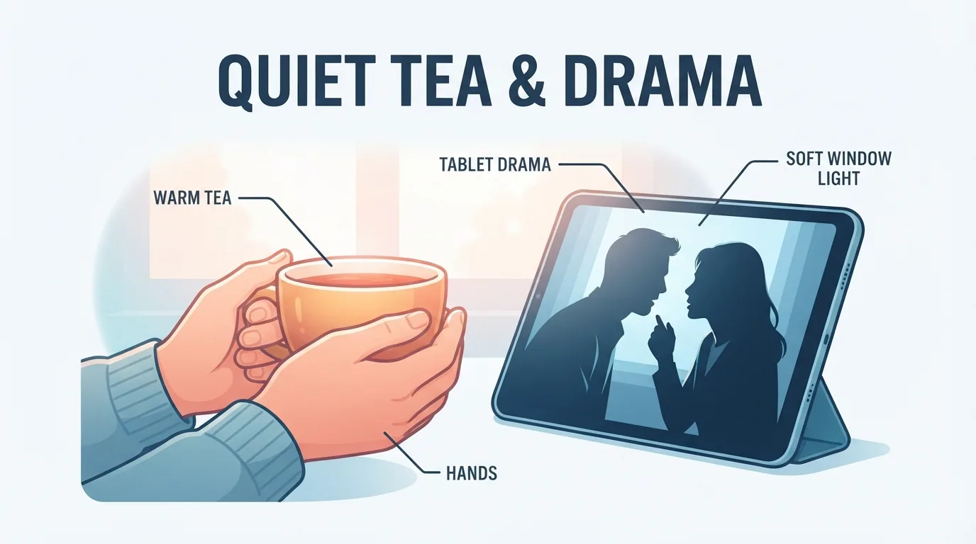 Tangan memegang cawan teh di sebelah tablet menayangkan drama