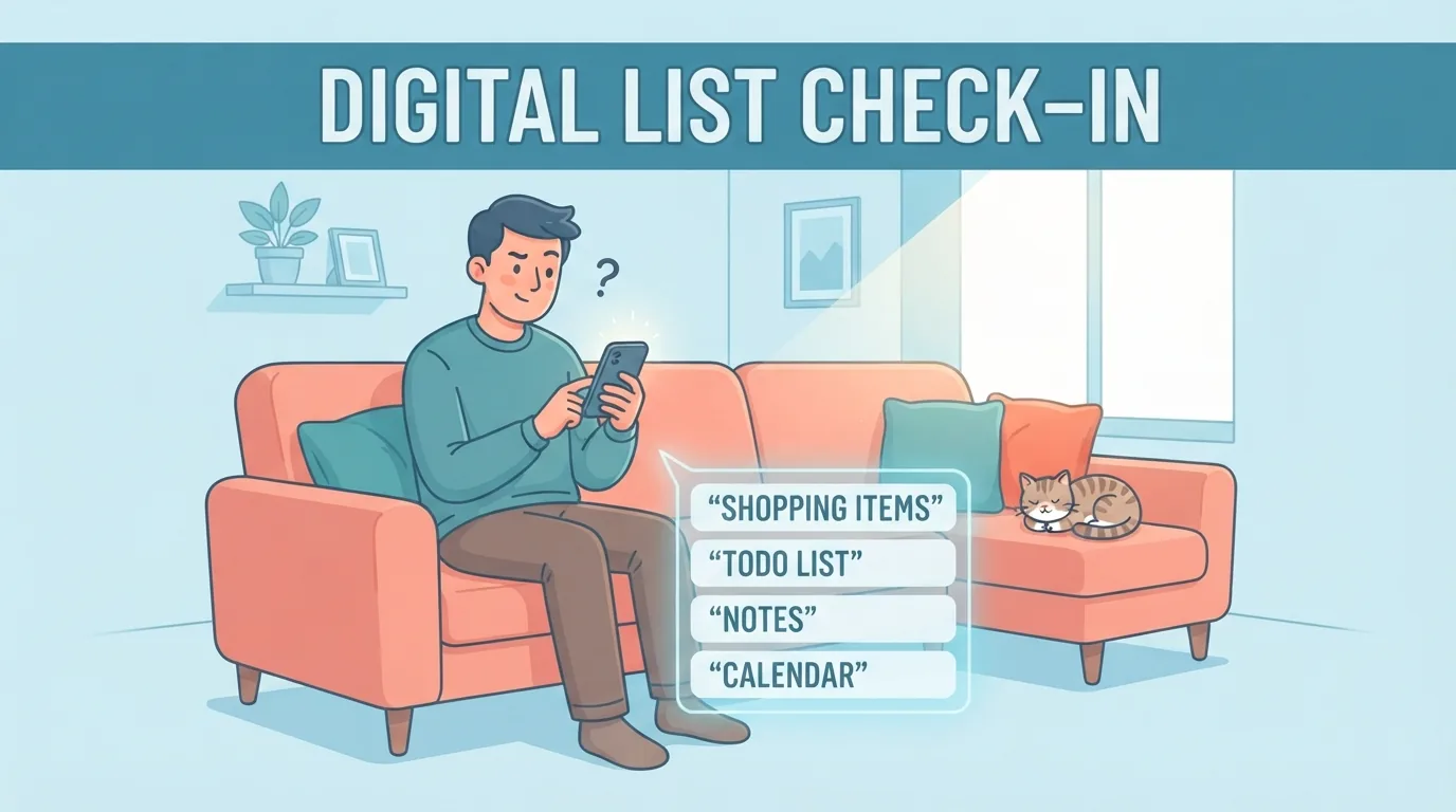 Seseorang membaca senarai di telefon sambil duduk di sofa