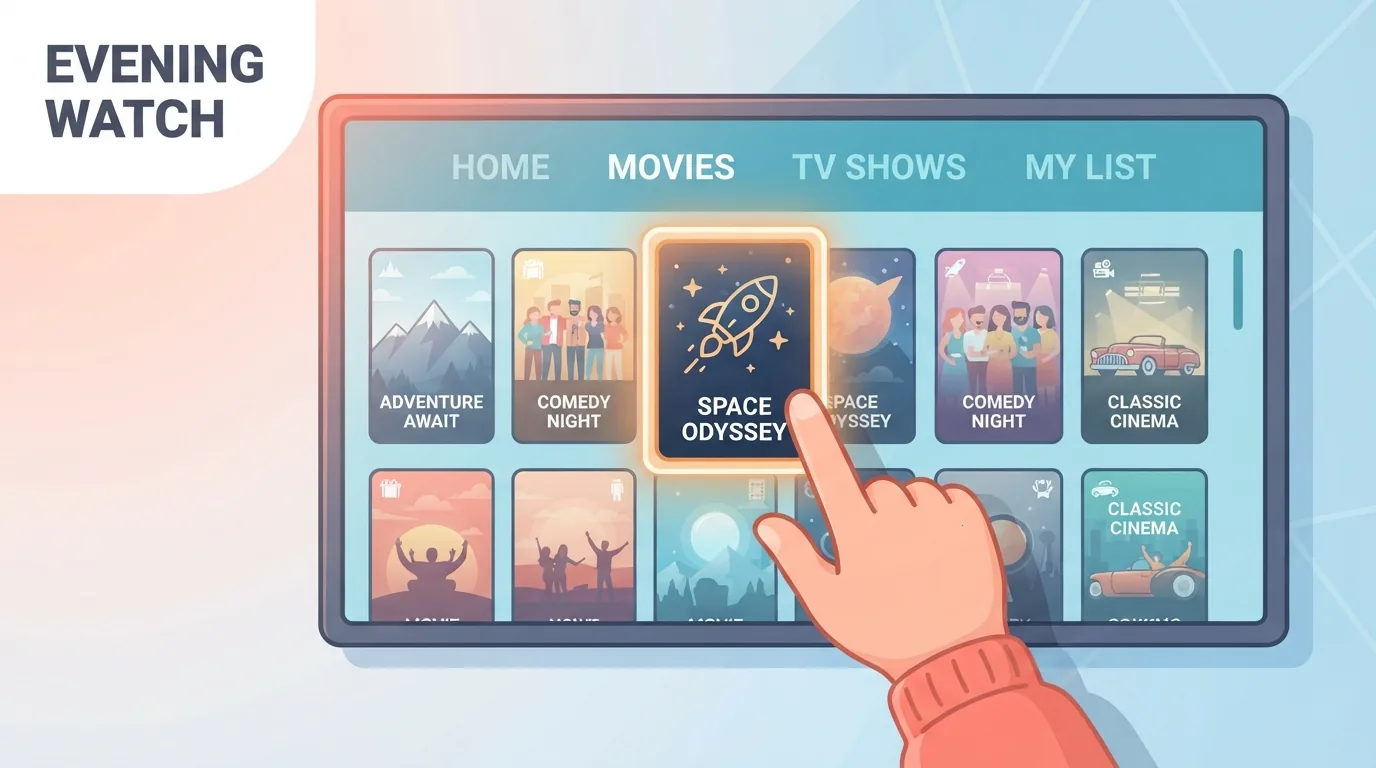 Tangan memilih filem pada menu skrin utama TV