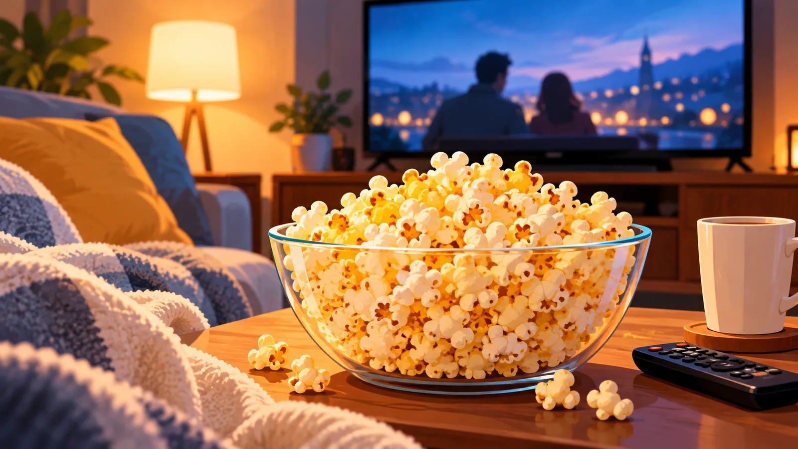 Semangkuk popcorn mentega di hadapan TV pada malam menonton filem