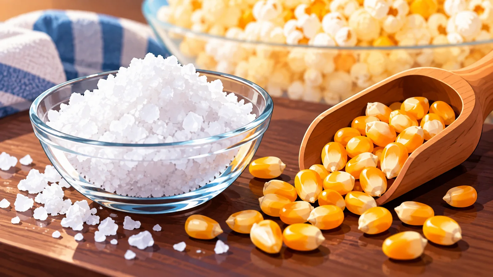 Garam serpihan halus dan biji popcorn di atas meja kayu