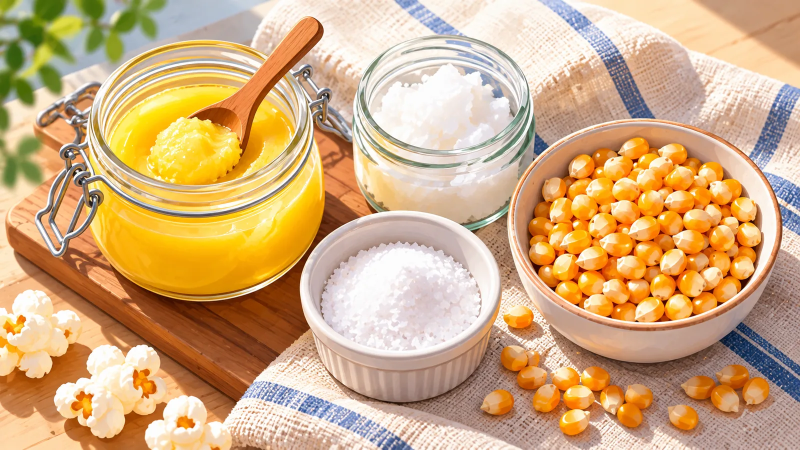 Bahan pengganti Flavacol: ghee, minyak kelapa, garam halus dan biji popcorn