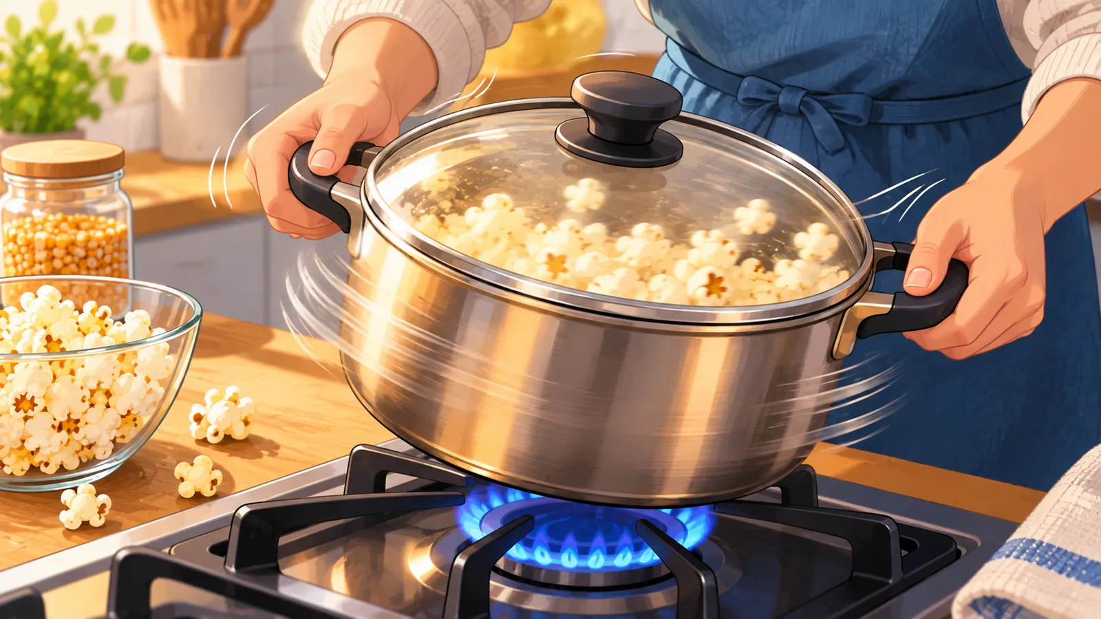 Menggoncang periuk popcorn di atas api sederhana