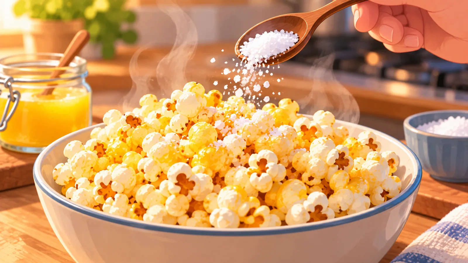 Menabur garam halus pada popcorn panas yang disalut ghee