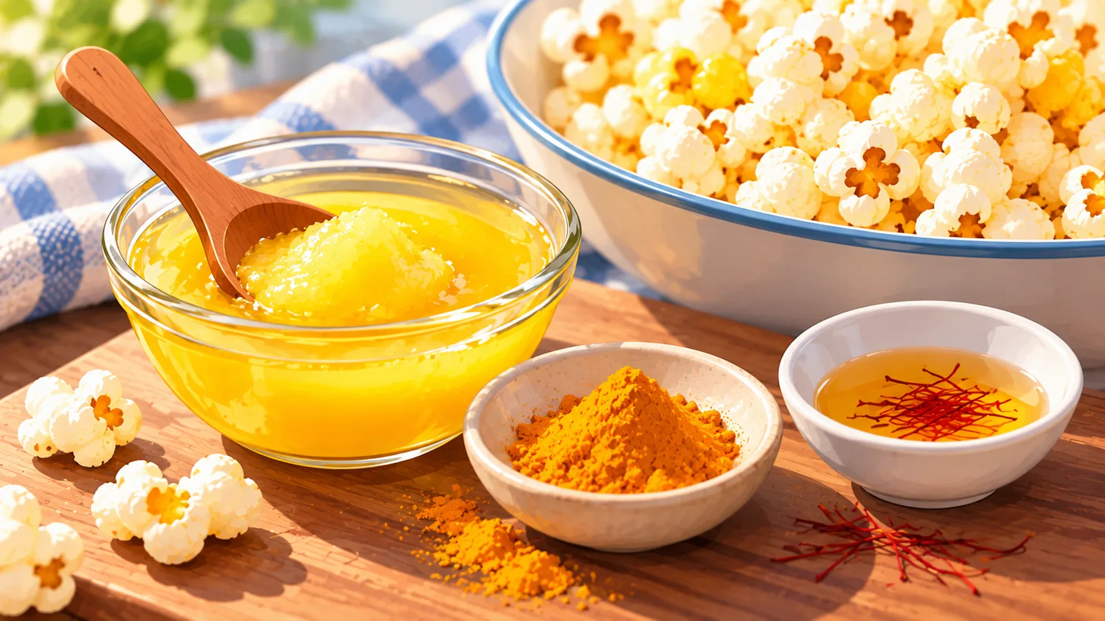 Ghee, kunyit dan safron untuk memberi warna kuning pada popcorn
