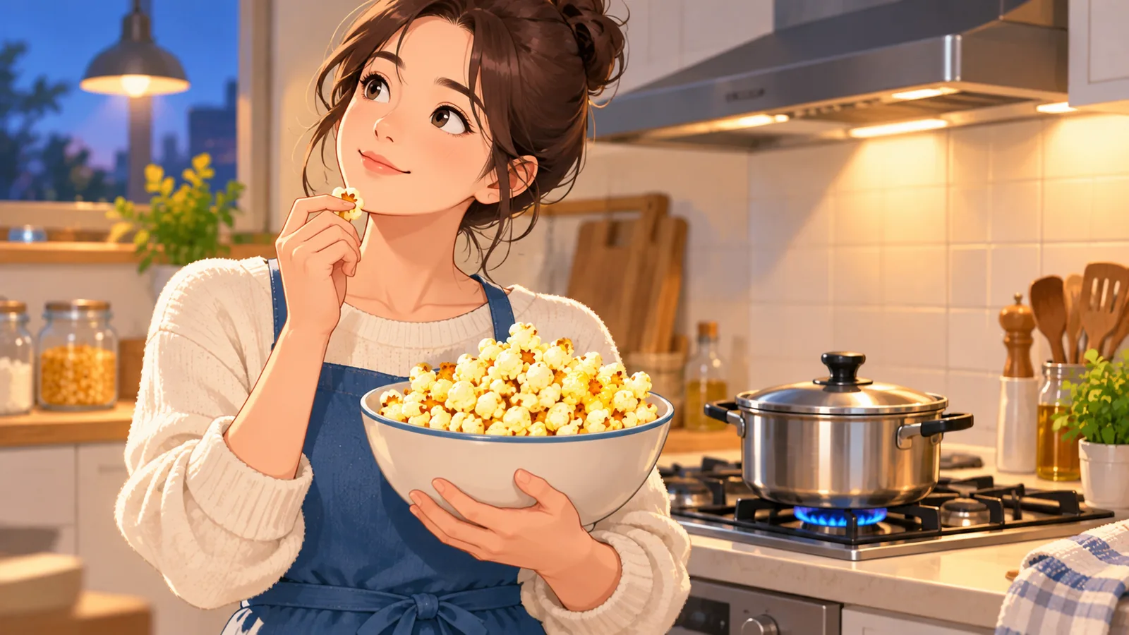 Seorang pembaca memegang mangkuk popcorn di dapur rumah