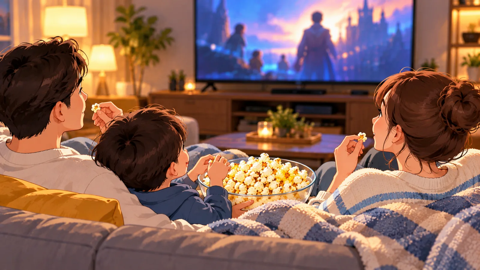 Keluarga berkongsi popcorn semasa menonton filem di rumah
