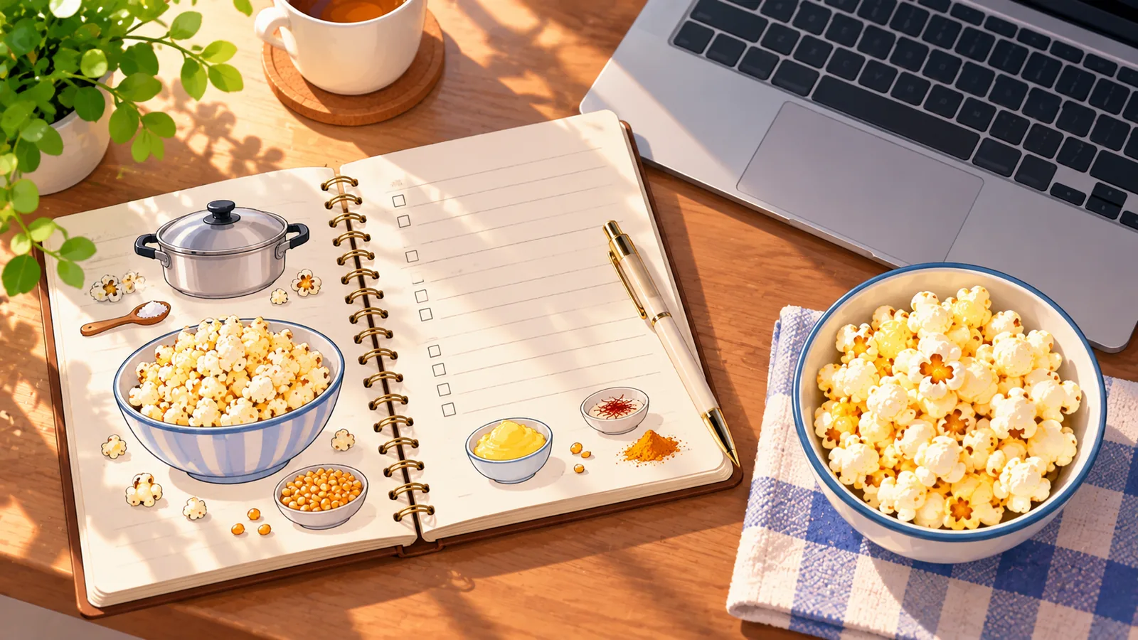 Buku resipi dan semangkuk popcorn di atas meja