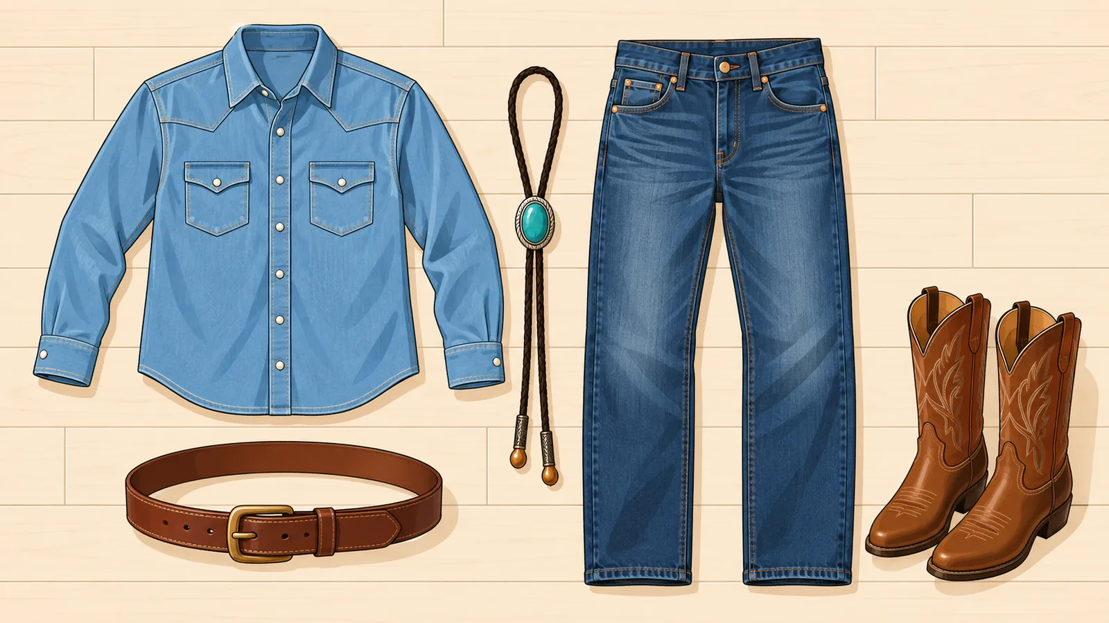 Padanan kasual bolo dengan kemeja denim, jean dan but