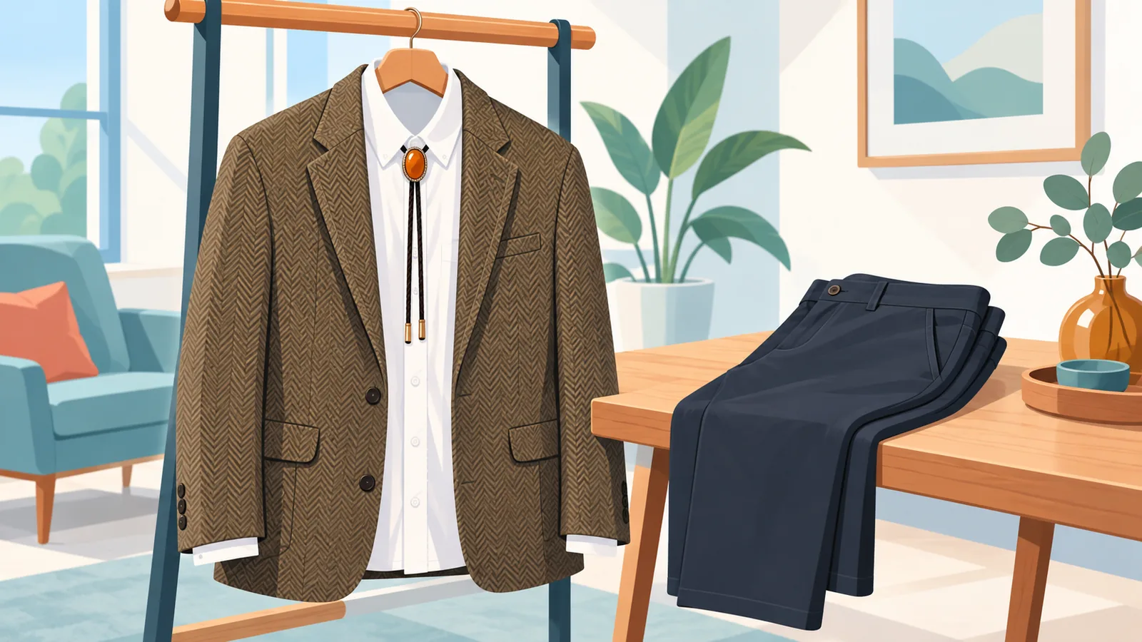 Padanan separa formal bolo dengan kemeja Oxford dan jaket tweed