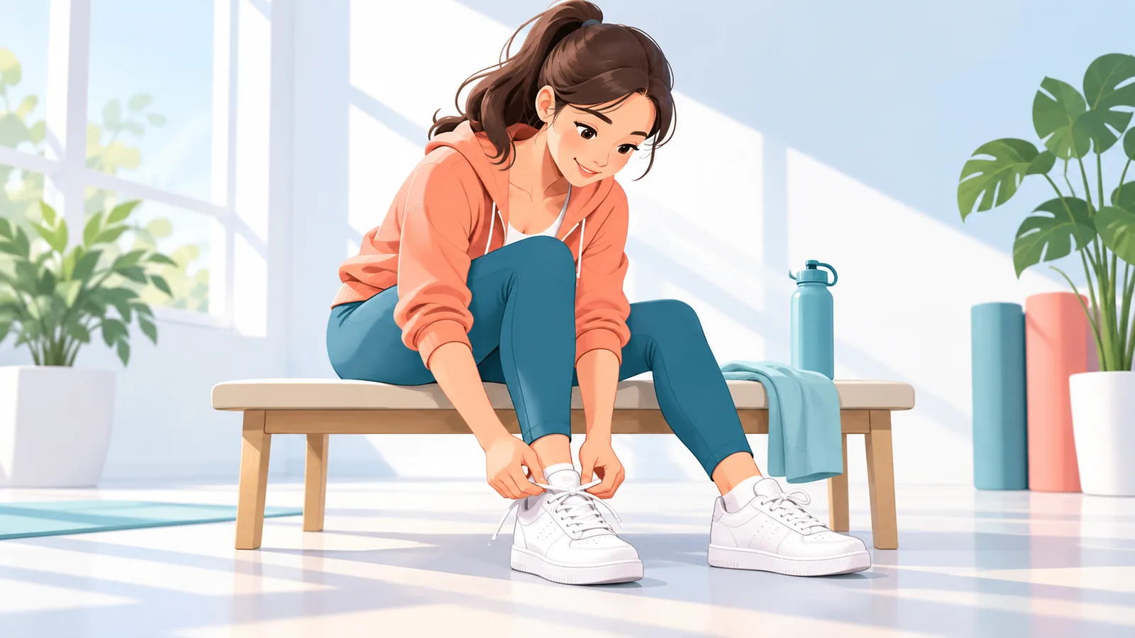 Wanita memilih dan mengikat tali sneakers putih
