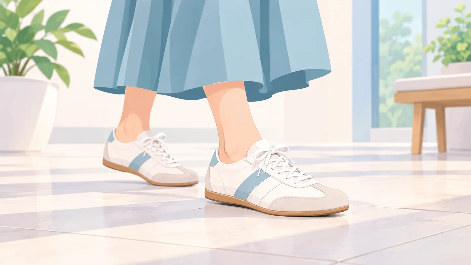 Sneakers gaya retro dan langsing dengan skirt midi