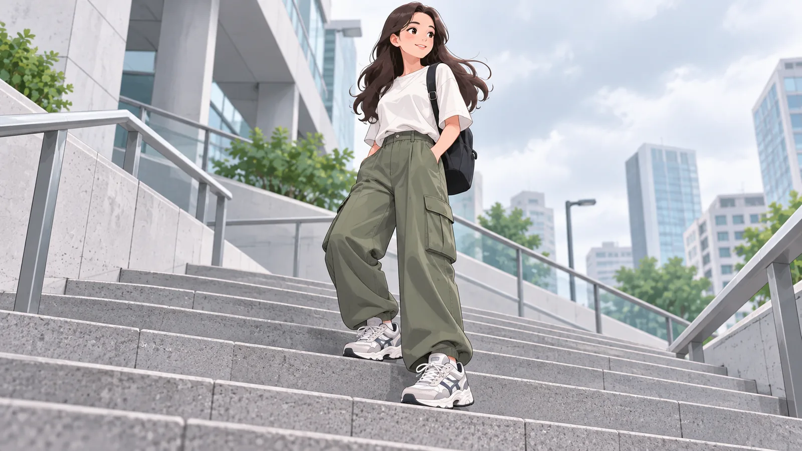 Sneakers chunky dipadankan dengan seluar kargo