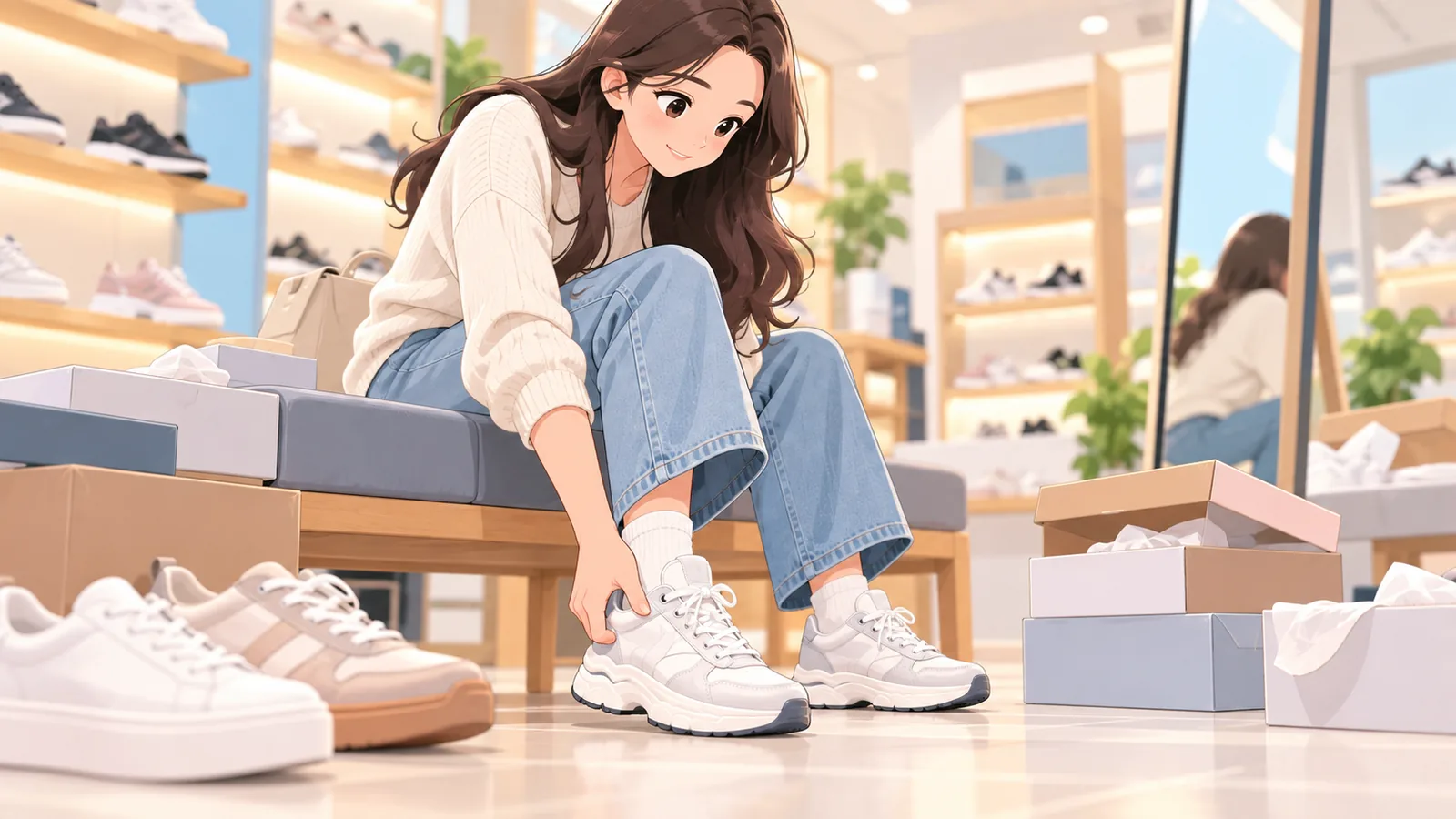 Wanita mencuba sneakers di kedai
