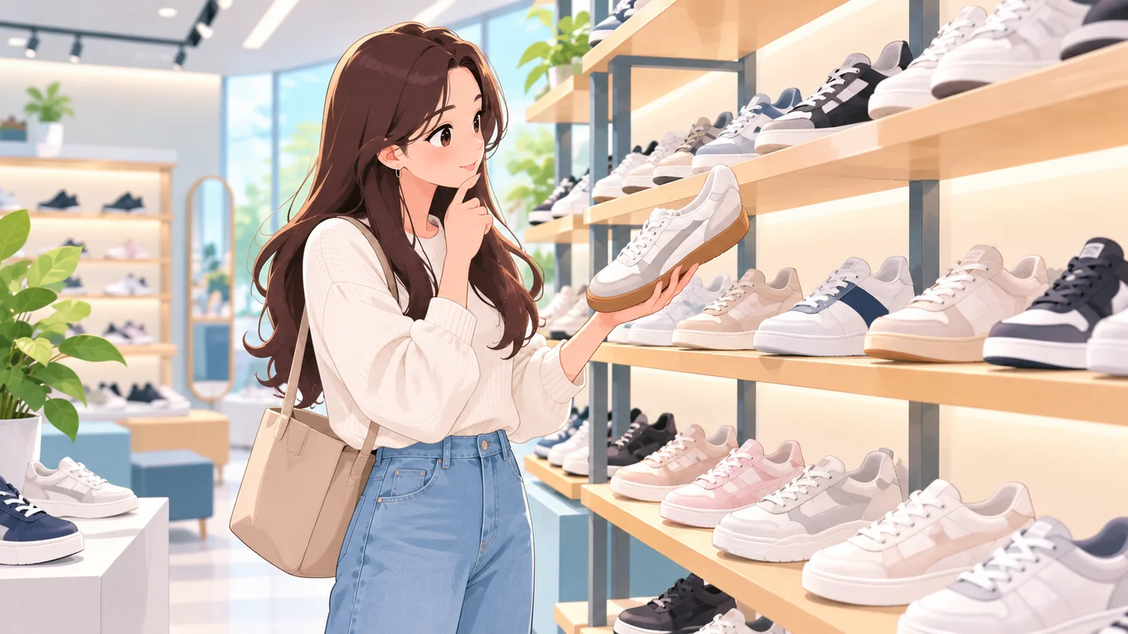 Wanita meneliti pilihan sneakers di butik