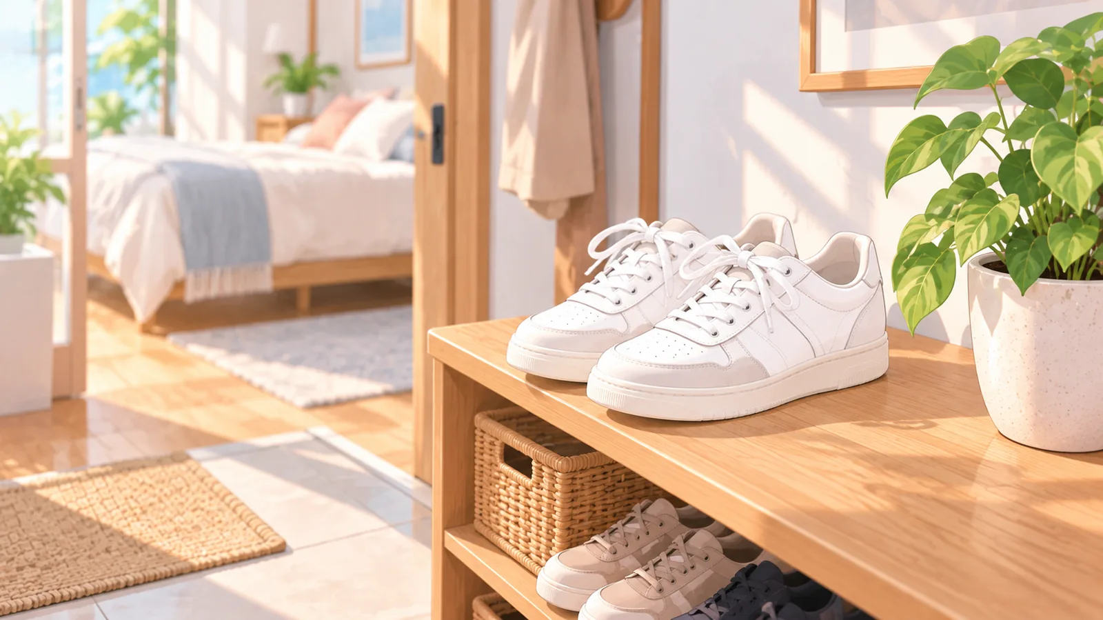 Sepasang sneakers putih sebagai kesimpulan pilihan gaya