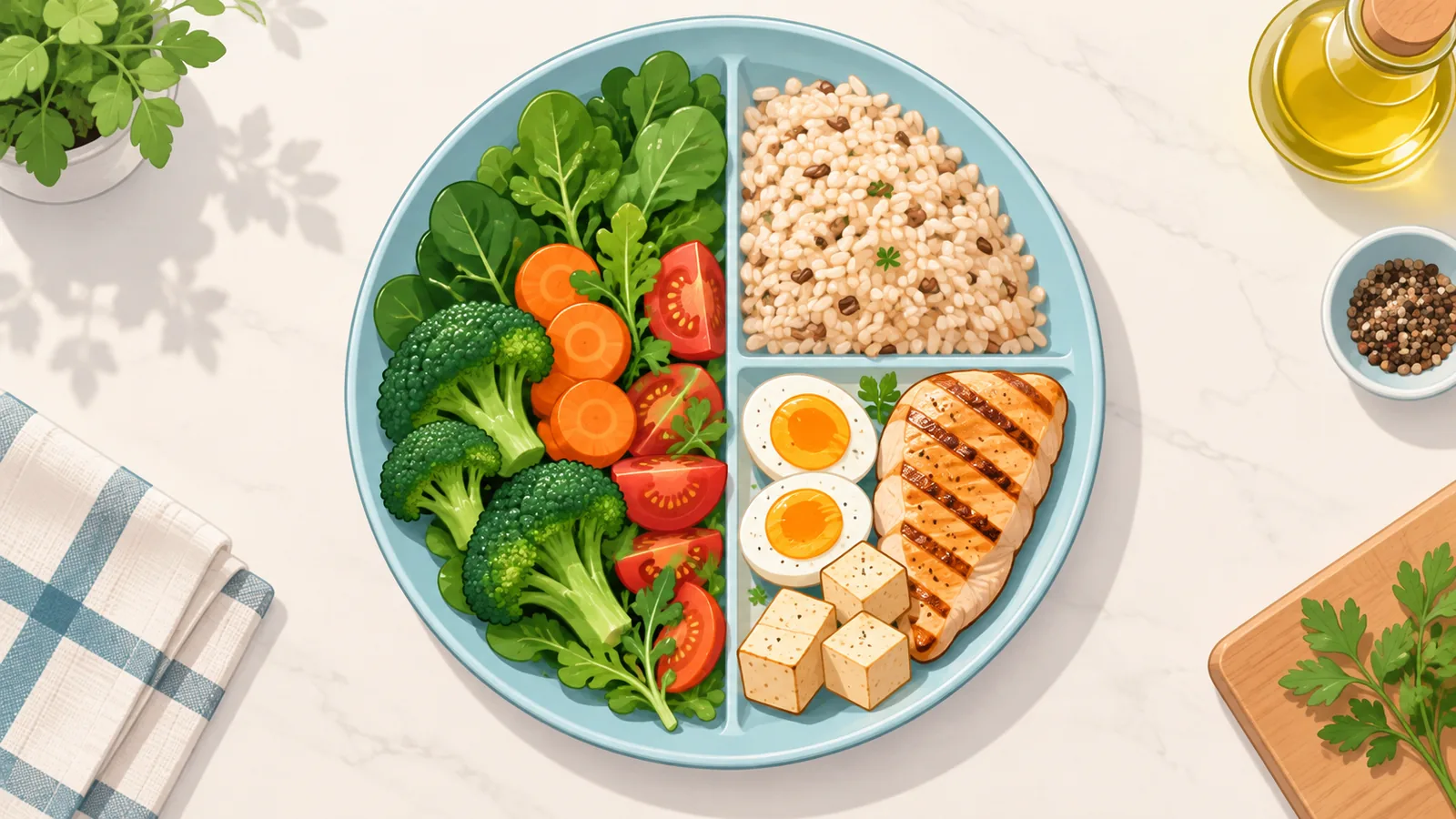 Sepinggan hidangan seimbang kaya protein di atas kaunter dapur
