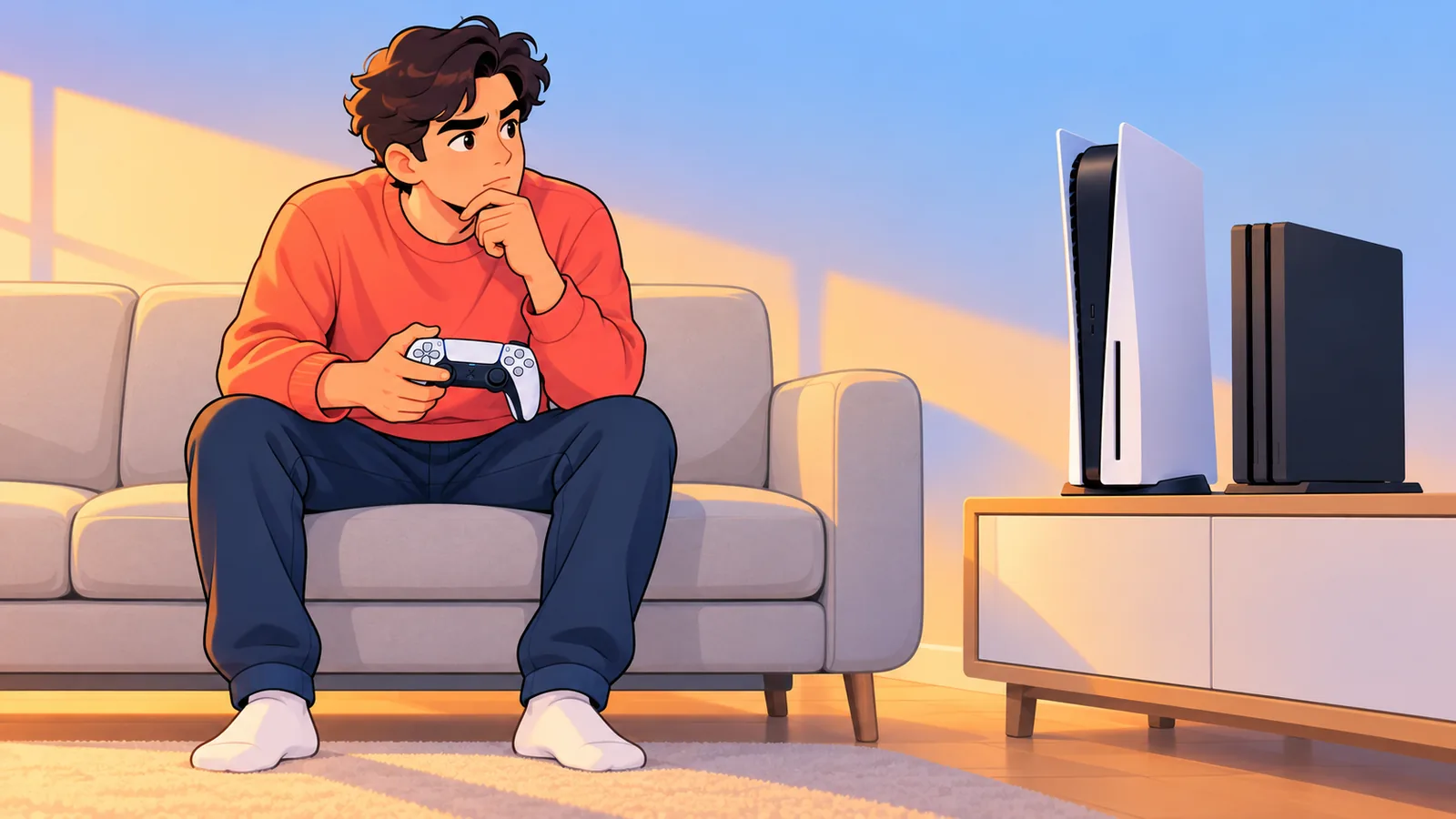 Pemain duduk di sofa dengan PS5 dan PS4 di bawah televisyen