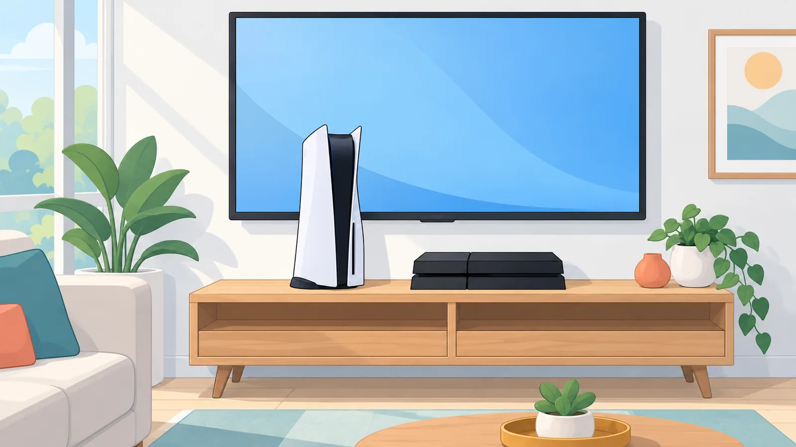 PS5 dan PS4 diletakkan bersebelahan pada rak kayu