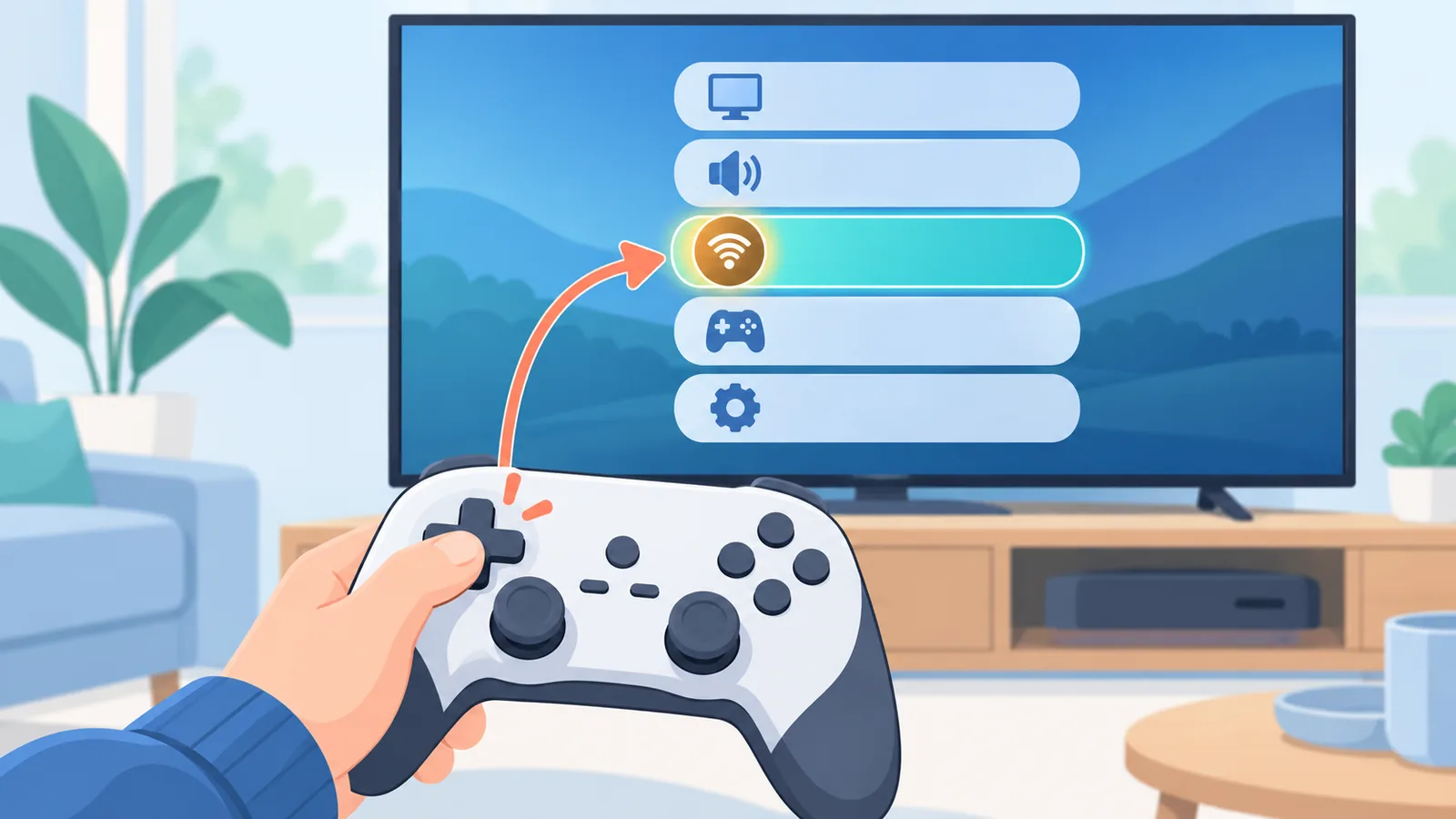 Menu tetapan konsol pada skrin televisyen dengan alat kawalan di tangan