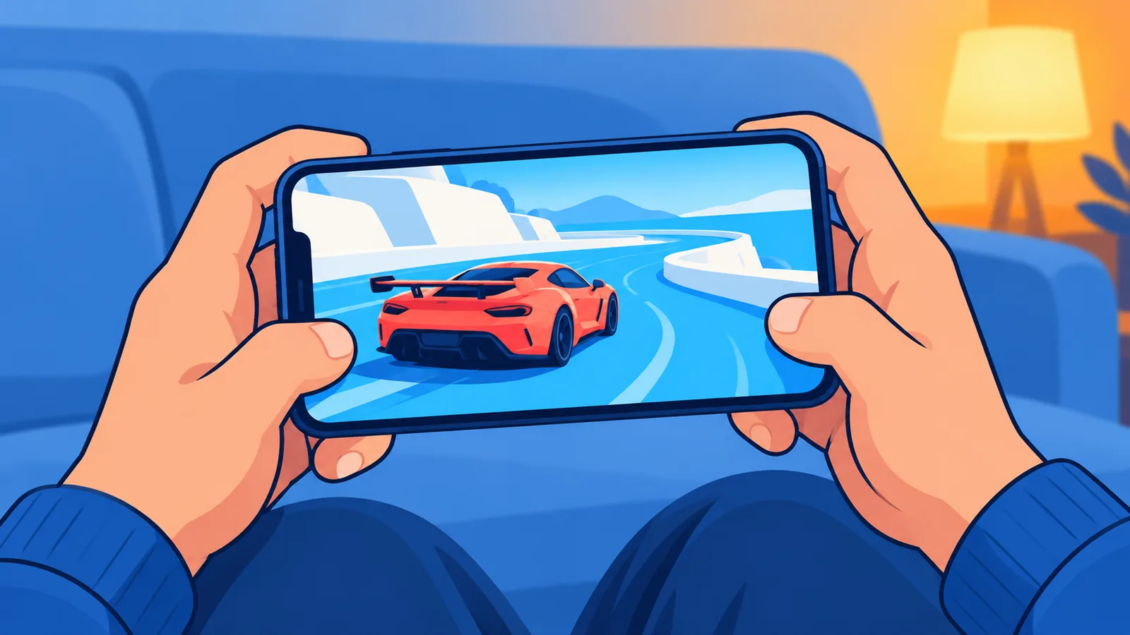 Pemain memegang iPhone dalam mod landskap sambil bermain permainan awan