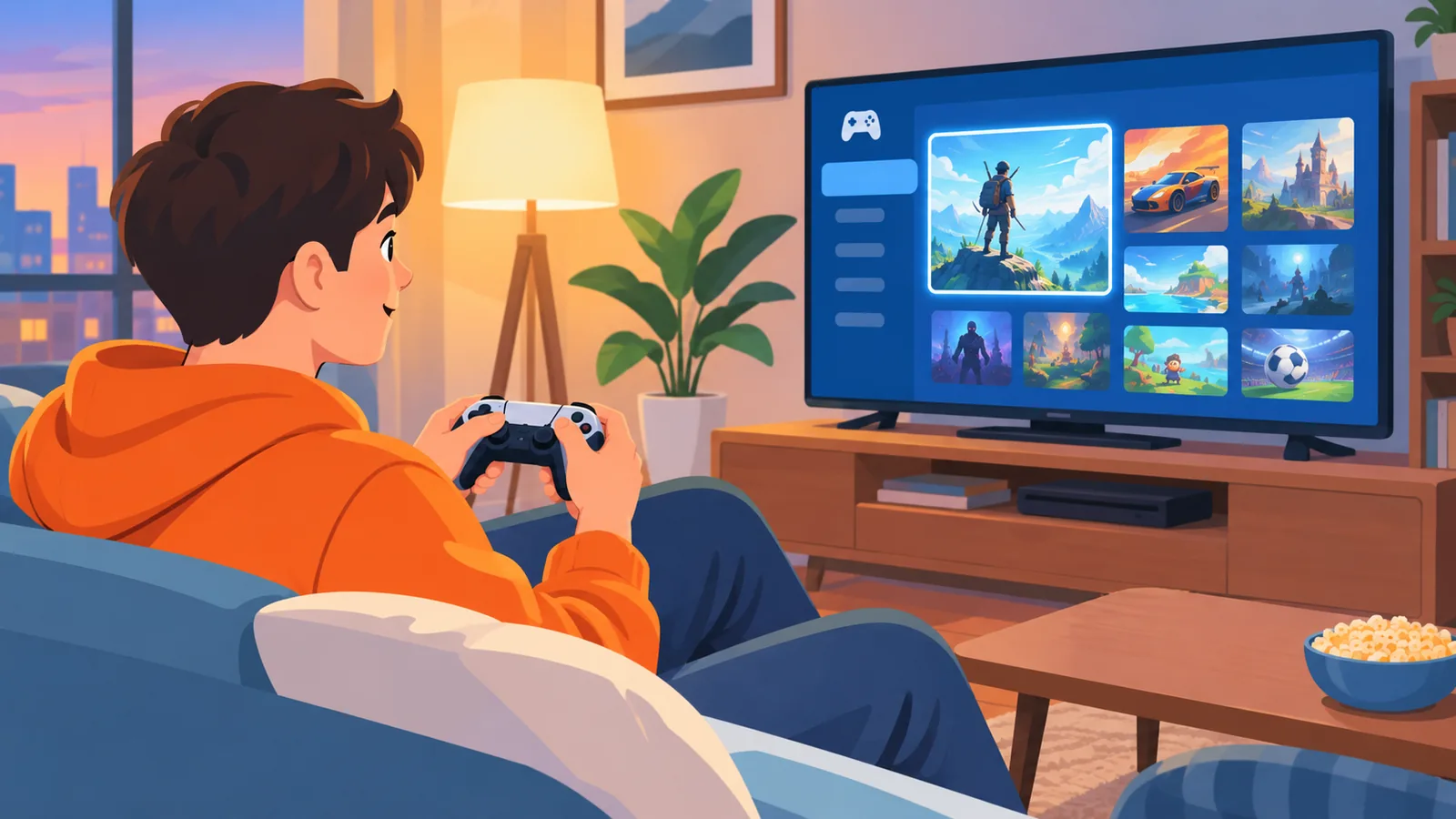 Seorang pemain berehat di sofa memegang alat kawalan sambil melihat senarai permainan pada TV