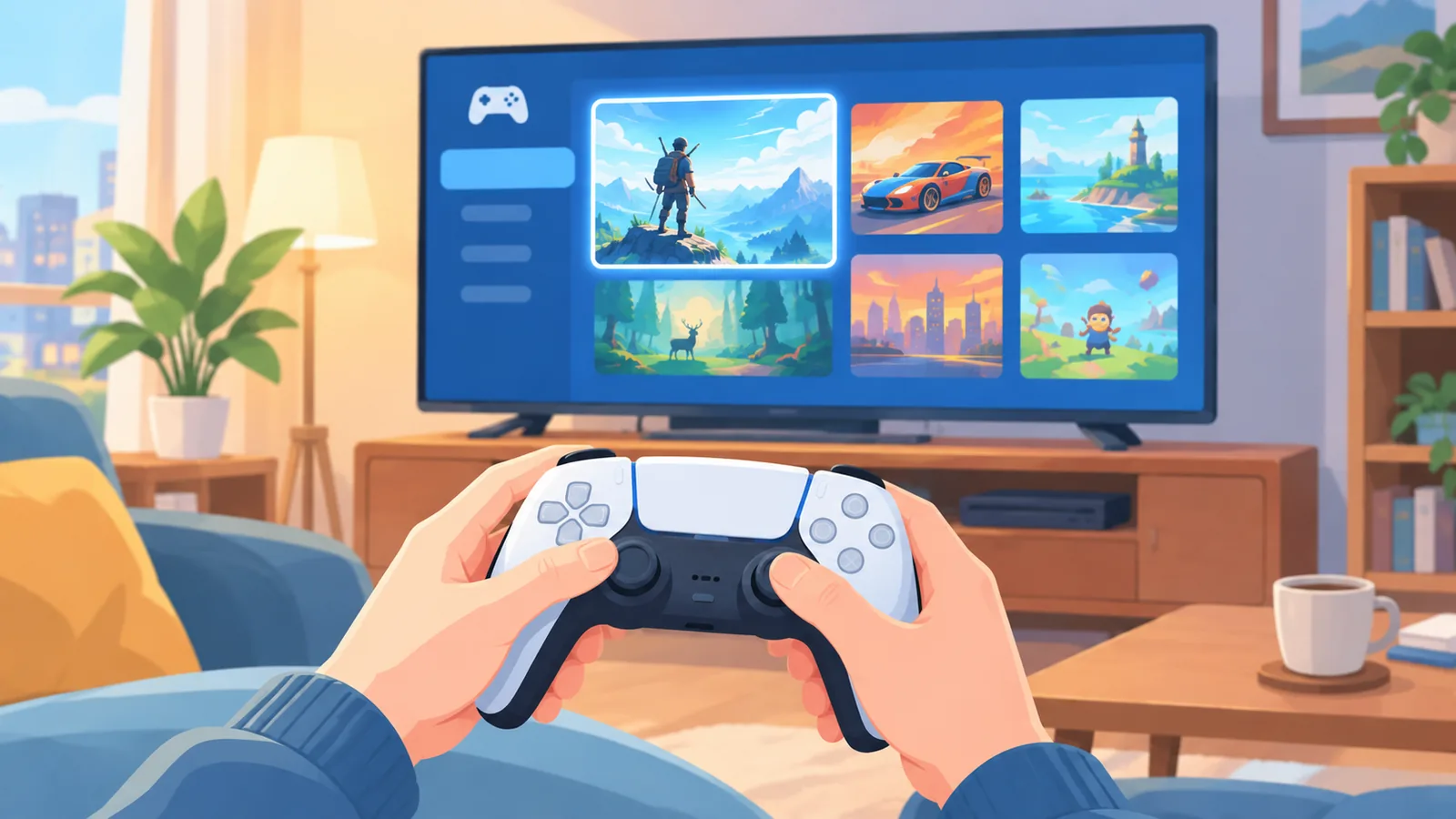 Tangan memilih permainan pada skrin TV di ruang tamu