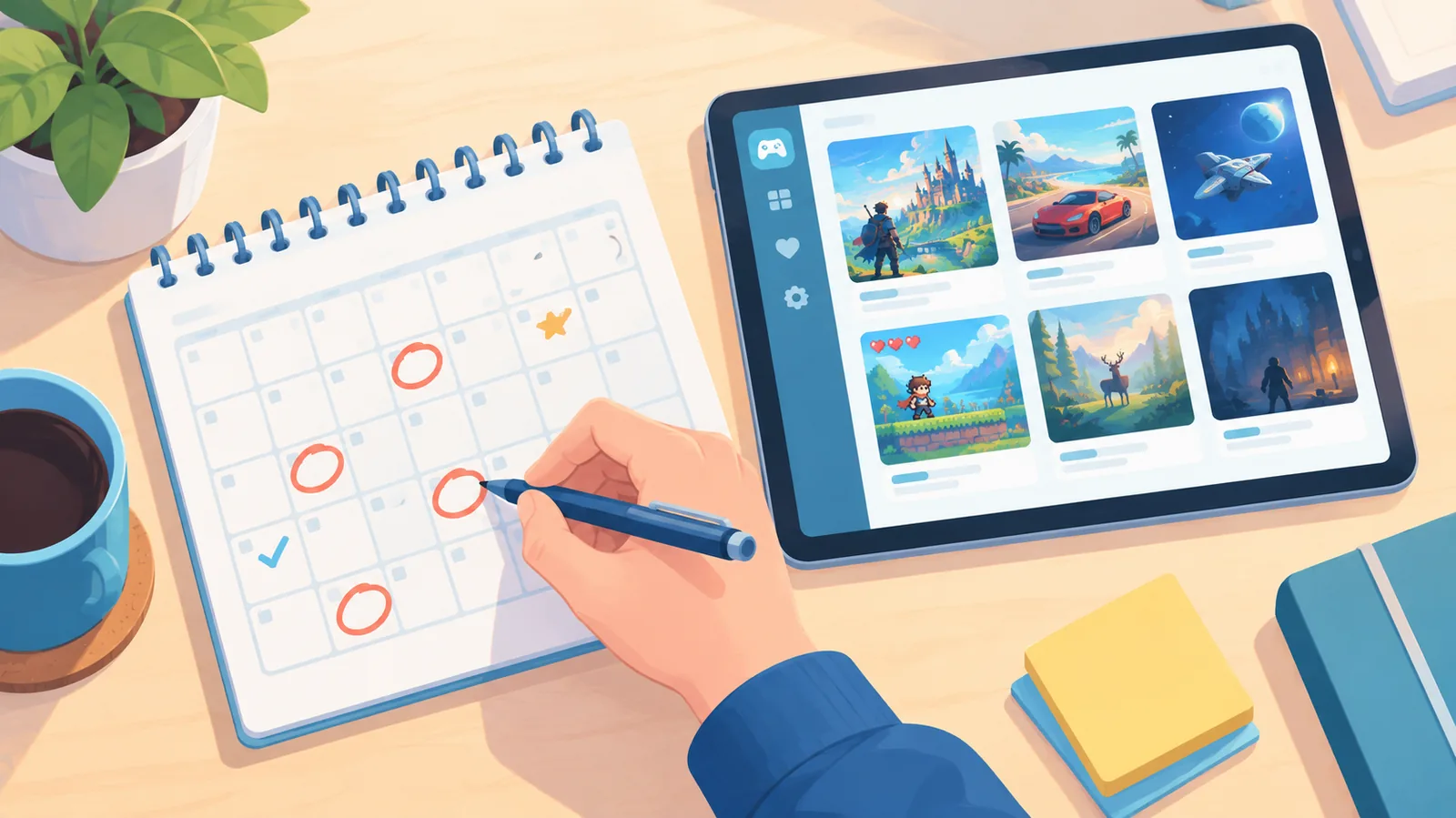 Kalendar dan tablet menunjukkan senarai permainan di atas meja kerja yang cerah